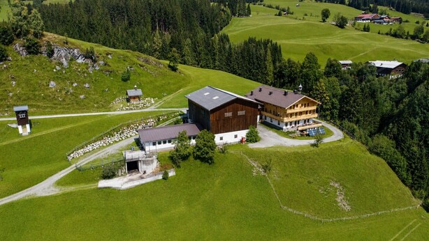 A large two-story building with a prominent wooden facade, situated on a lush green hillside with a clear view of the surrounding landscape. - Stylish Apartment with Mountain Views (Mittersill)