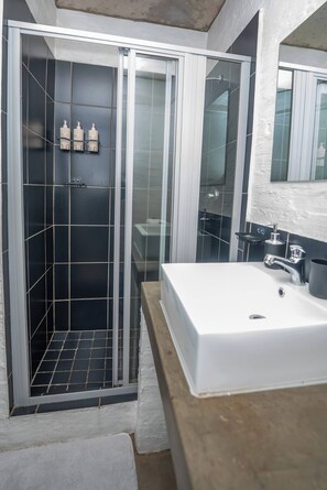 Un baño moderno con ducha de vidrio, un lavamanos blanco y un espejo encima.