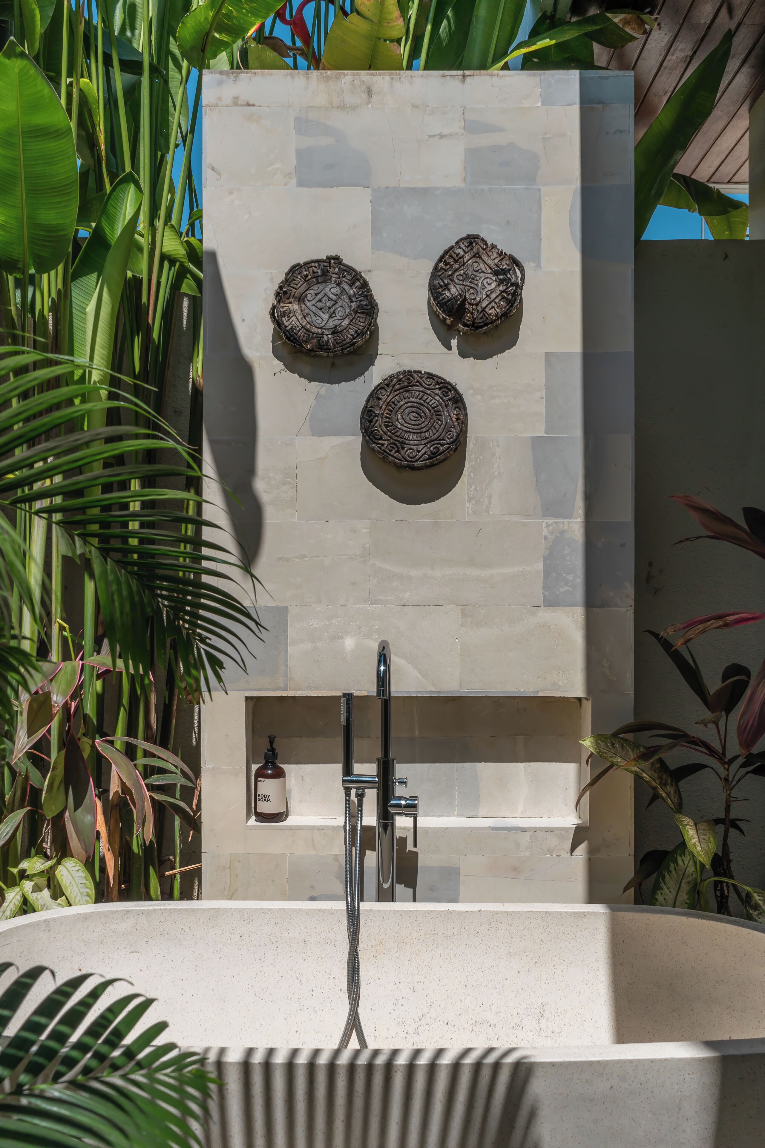 Luxury Villa, Patio, Garden View | Bathroom | Hair dryer, towels, soap, shampoo