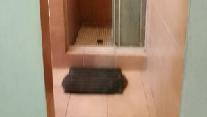 A small, enclosed shower area with a glass door, a tiled floor, and a black mat at the entrance. - Ametis Crescent Apartment (Middelburg)