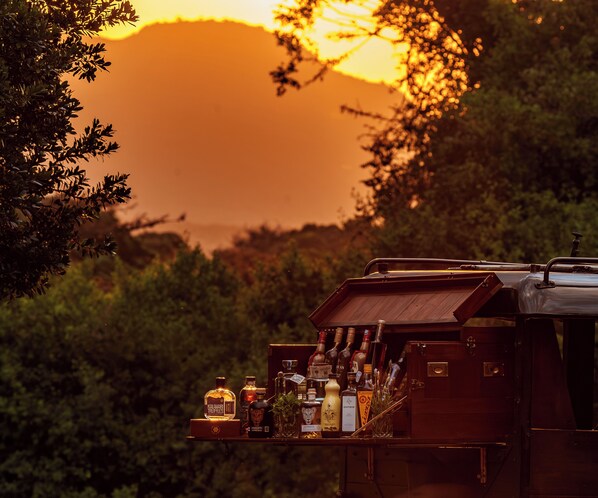 A wooden cabinet with bottles and a cash register, set against a sunset with trees and a mountain in the background.