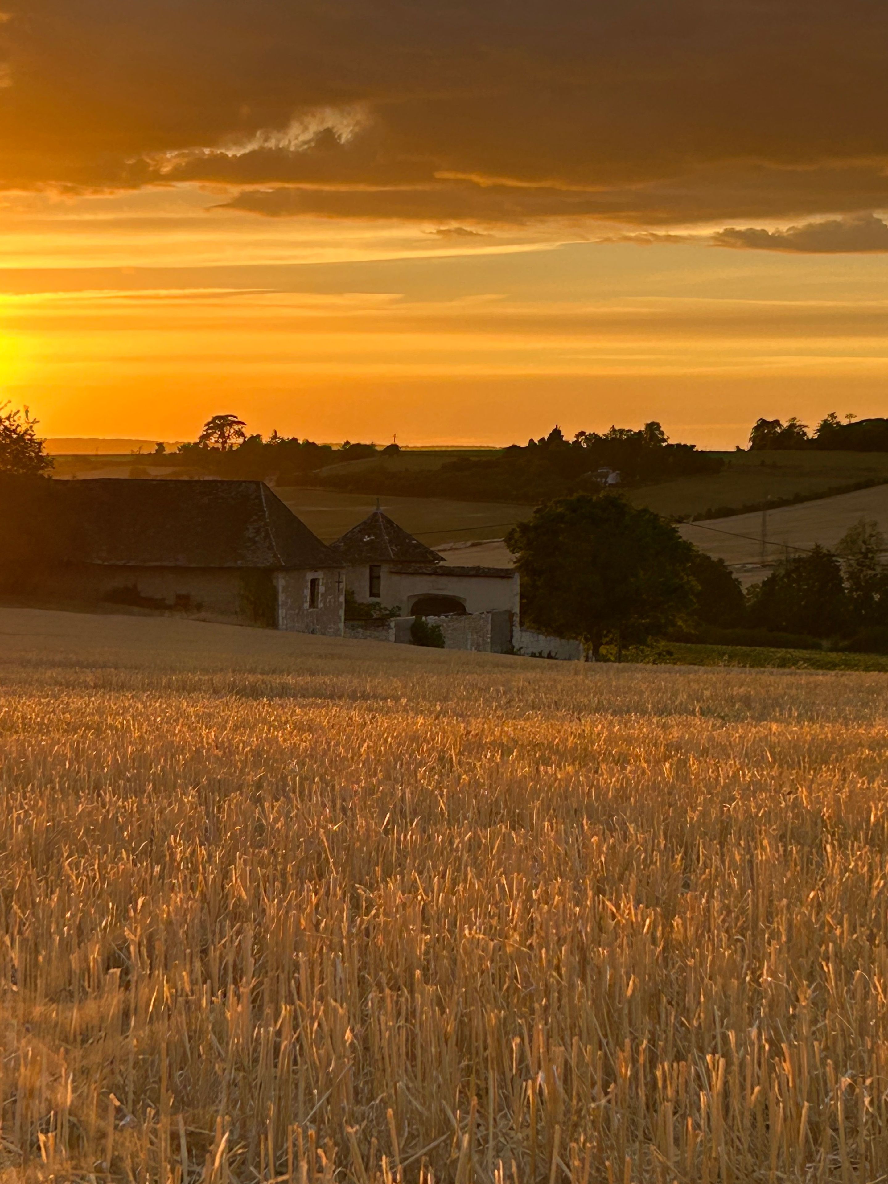 Ländliche Landschaft mit einem Feld, einem kleinen Gebäude und einem Sonnenuntergang im Hintergrund.