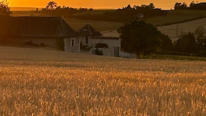 A rural landscape with a field of crops, a small building, and a sunset in the background. - Holiday Home “Le Pigeonnier Des Châpeaudieres” with Private Terrace, Wi-Fi, Air Conditioning (Châtellerault)