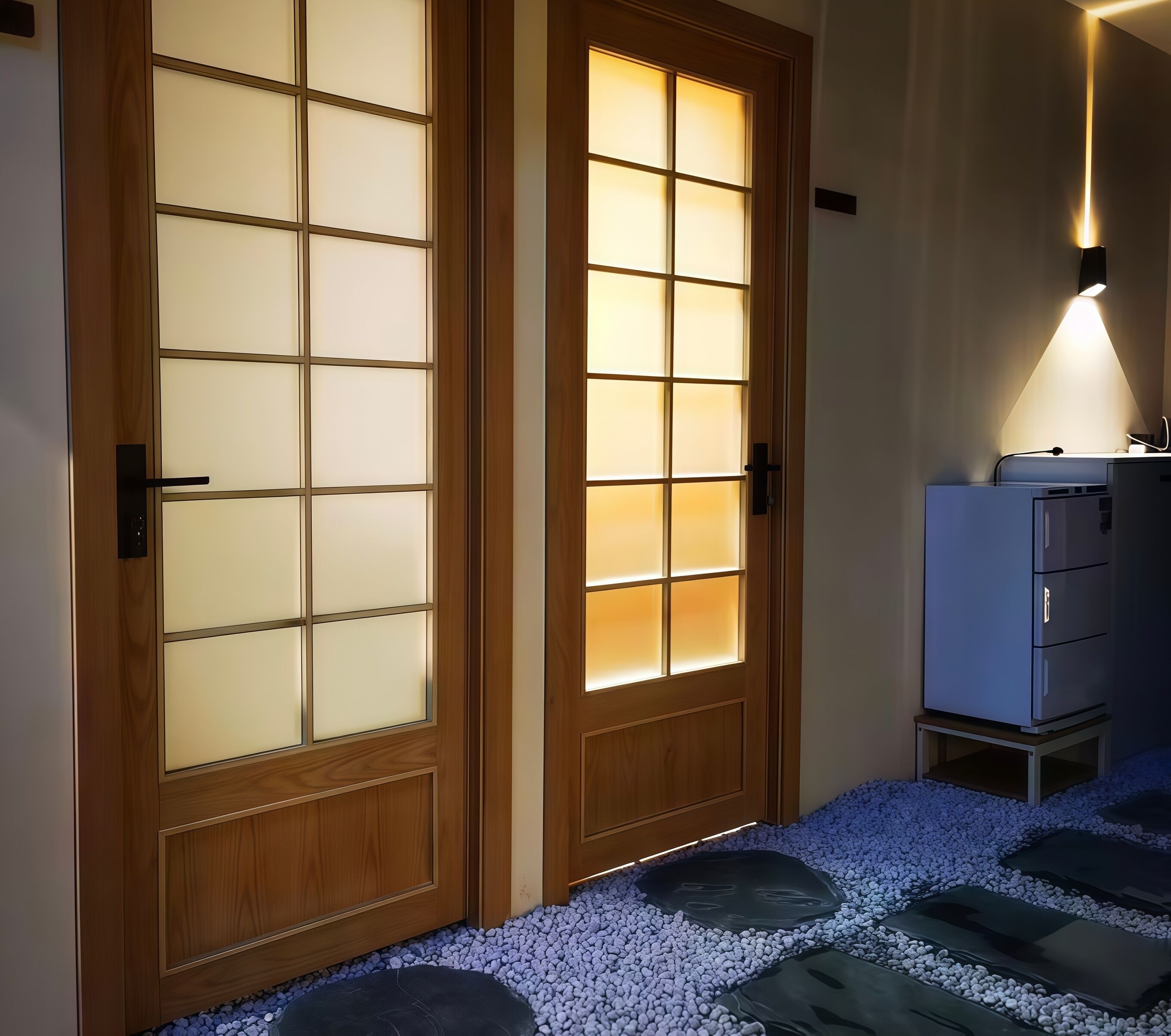Uma porta de madeira com painéis de vidro fosco e uma luminária moderna acima.