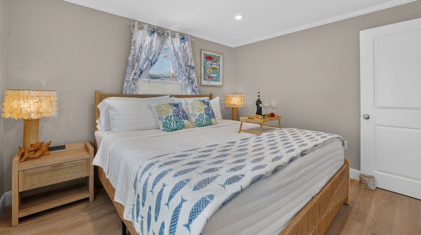 A bedroom with a bed, bedside tables, a nightstand, a lamp, a window with curtains, and a door.