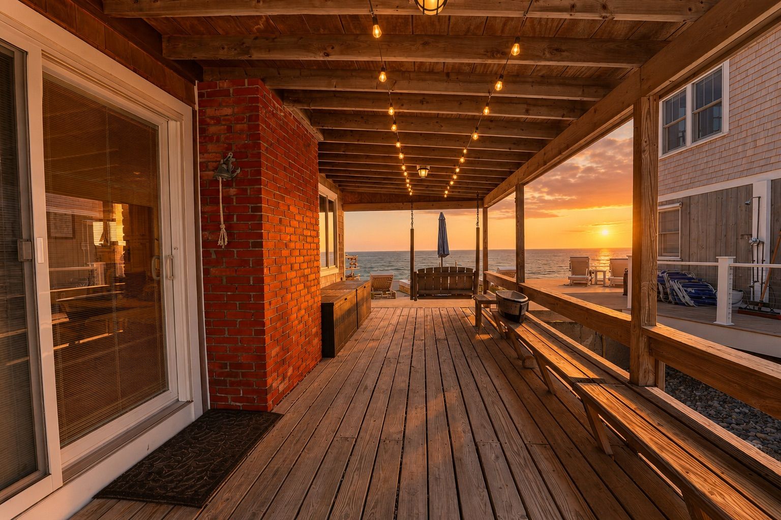 A wooden deck with a brick wall, a swing, and a view of the sunset over the water.
