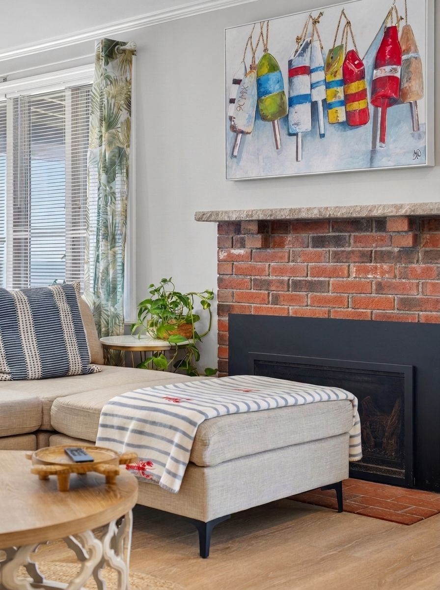 A living room with a sectional sofa, a fireplace, and a painting of colorful objects.