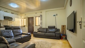 Uma sala de estar com dois sofás de couro, uma televisão de tela plana, uma lareira e uma cozinha com armários e fogão.