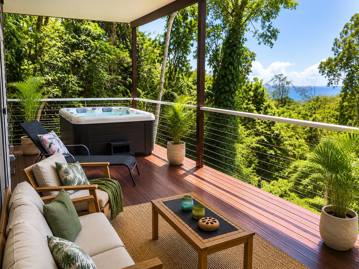 A deck with a sofa, a hot tub, and potted plants.