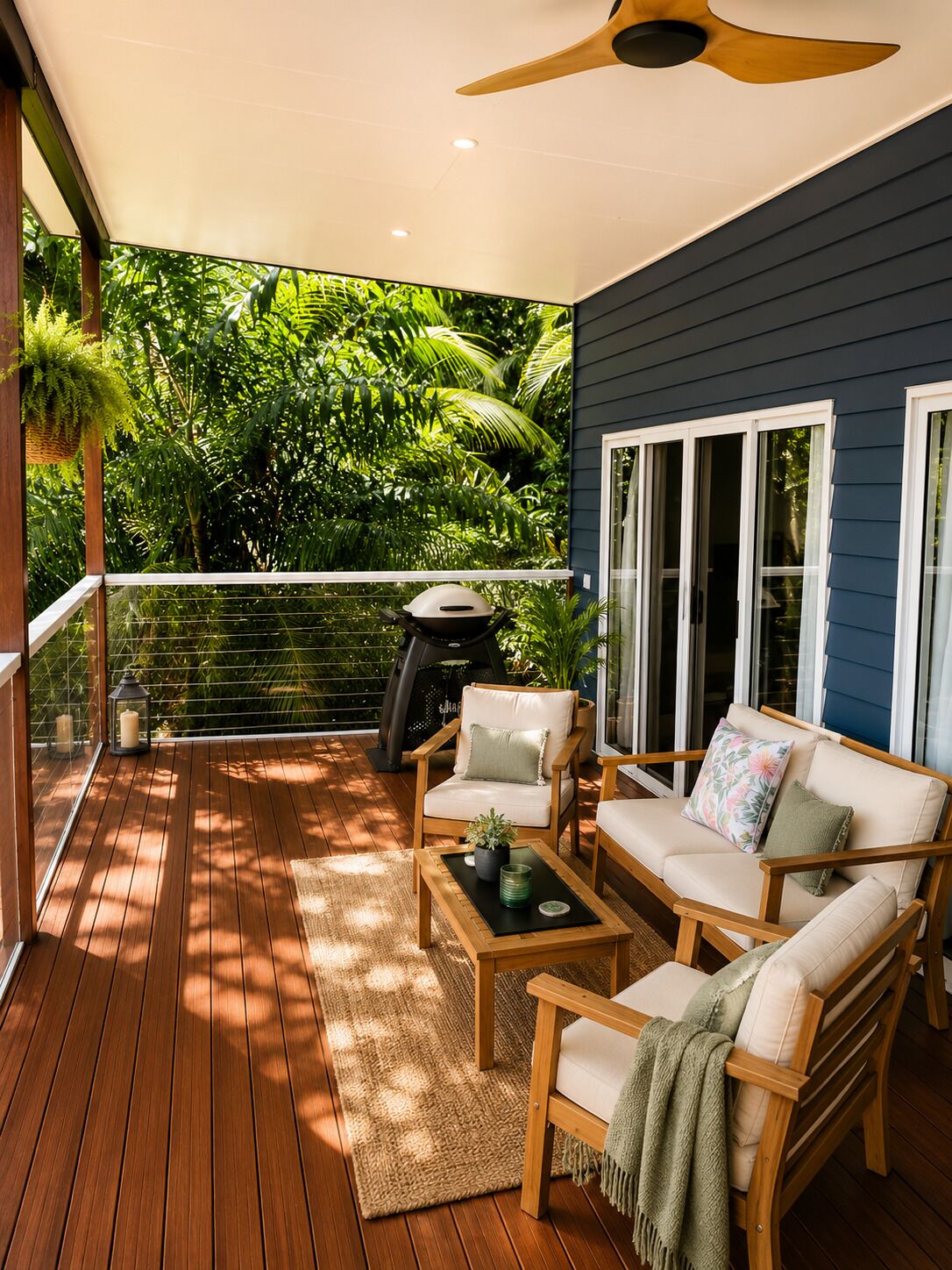 A wooden deck with a ceiling fan, outdoor furniture, and a view of lush greenery.