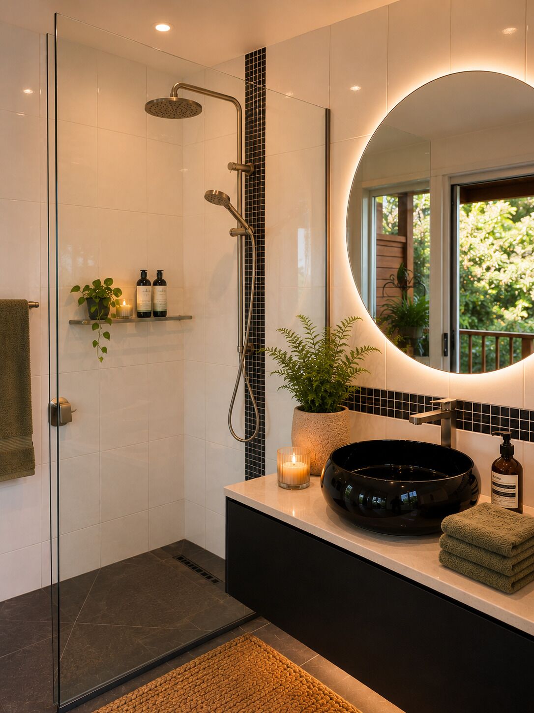 Een moderne badkamer met een glazen douchecabine, een ronde spiegel en een zwart wastafelbakje.