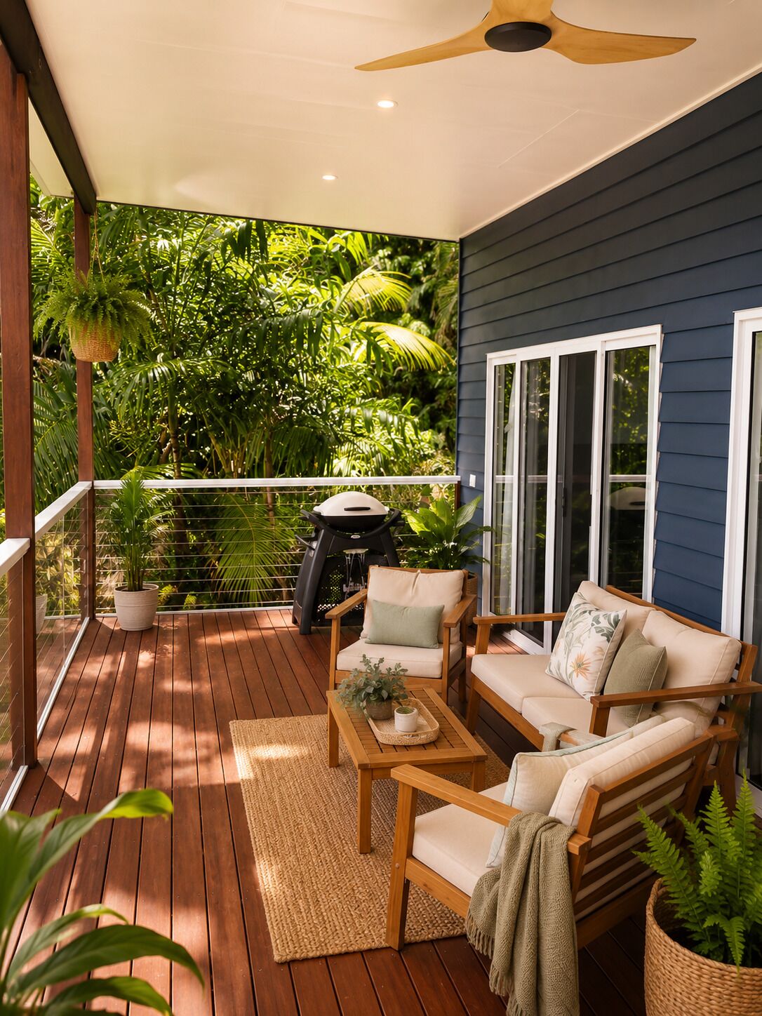 A covered outdoor deck with wooden furniture, a ceiling fan, and a view of lush greenery.