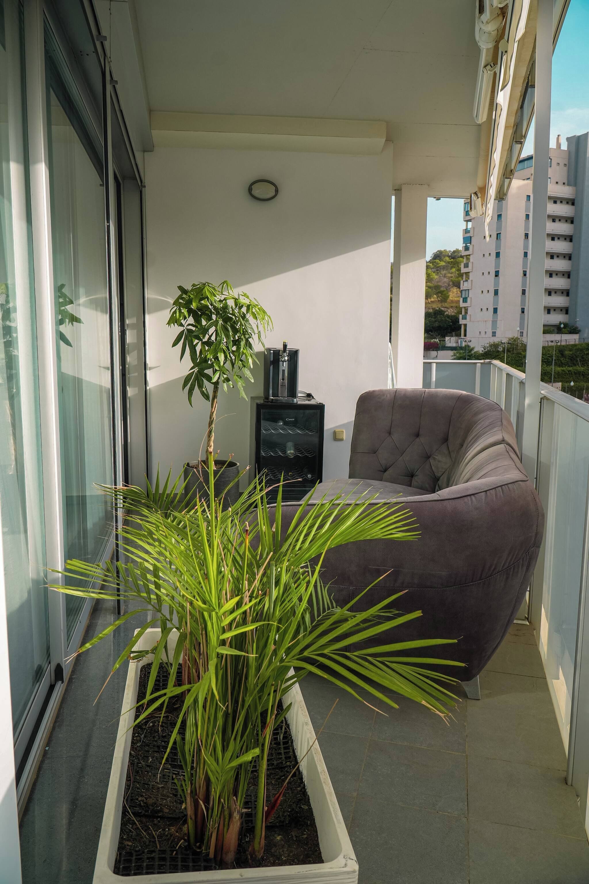 A balcony with a potted plant, a sofa, and a television.