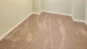 Una habitación con alfombra beige texturizada, paredes blancas y estantes metálicos en el techo.