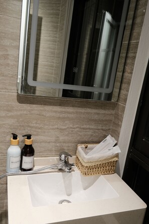 Ein Badezimmer mit einem weißen Waschbecken, zwei Flaschen Shampoo und Duschgel, einem Metallarmaturen und einem Spiegel über dem Waschbecken.