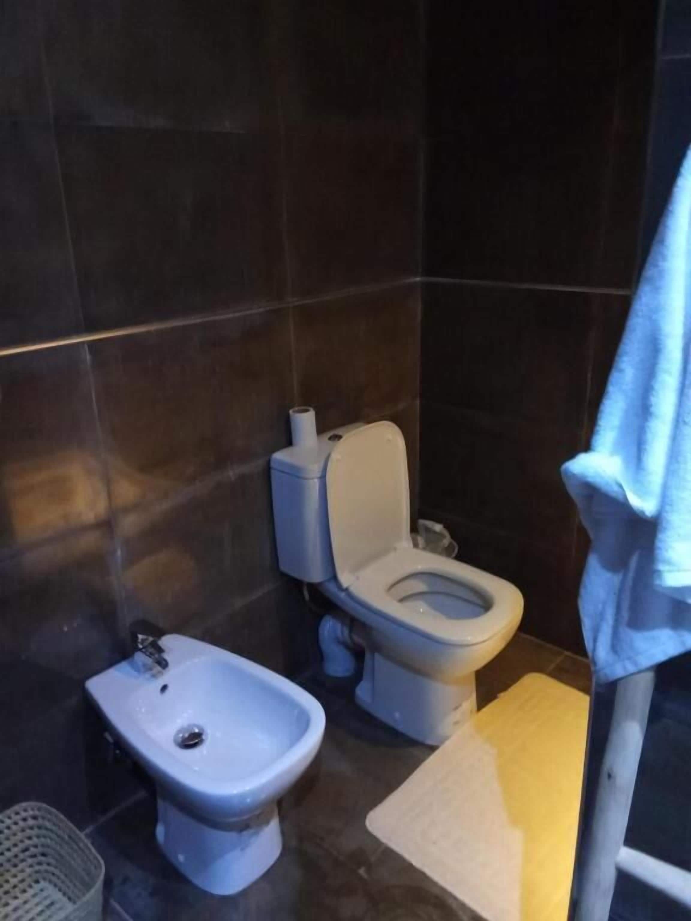 A bathroom with a bidet, toilet, and a towel rack.