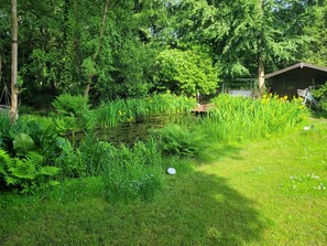 A lush garden with a pond, dense foliage, and a wooden structure.