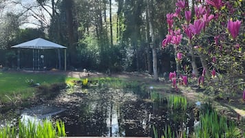 A wooden deck leading to a pond with a gazebo in the background.