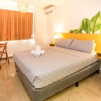 Una habitación de hotel con cama, escritorio, una silla, una planta y una araña.
