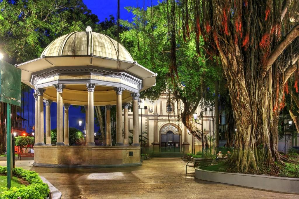 A gazebo with a dome roof, surrounded by a garden with a large tree.
