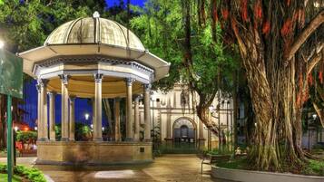 A gazebo with a dome roof, surrounded by a garden with a large tree.