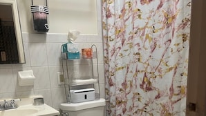 Een badkamer met toilet, wastafel, spiegel en douchegordijn.