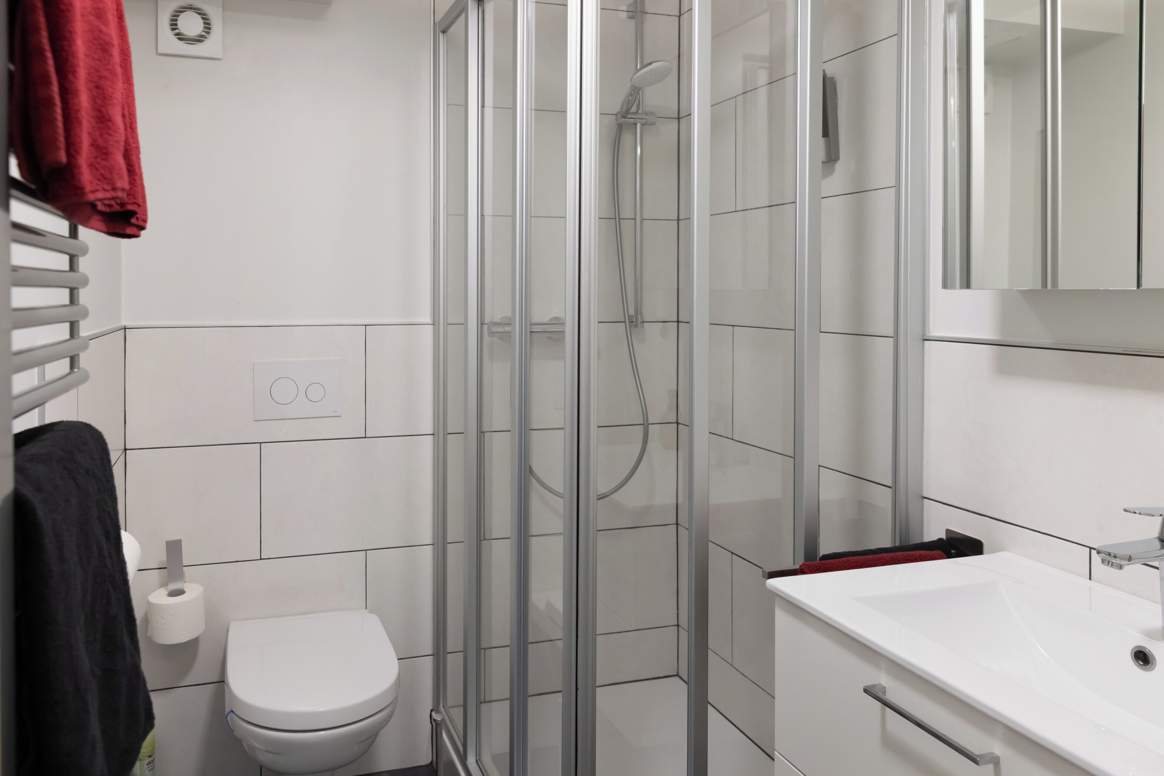 Dusche, Haartrockner, Handtücher, Seife