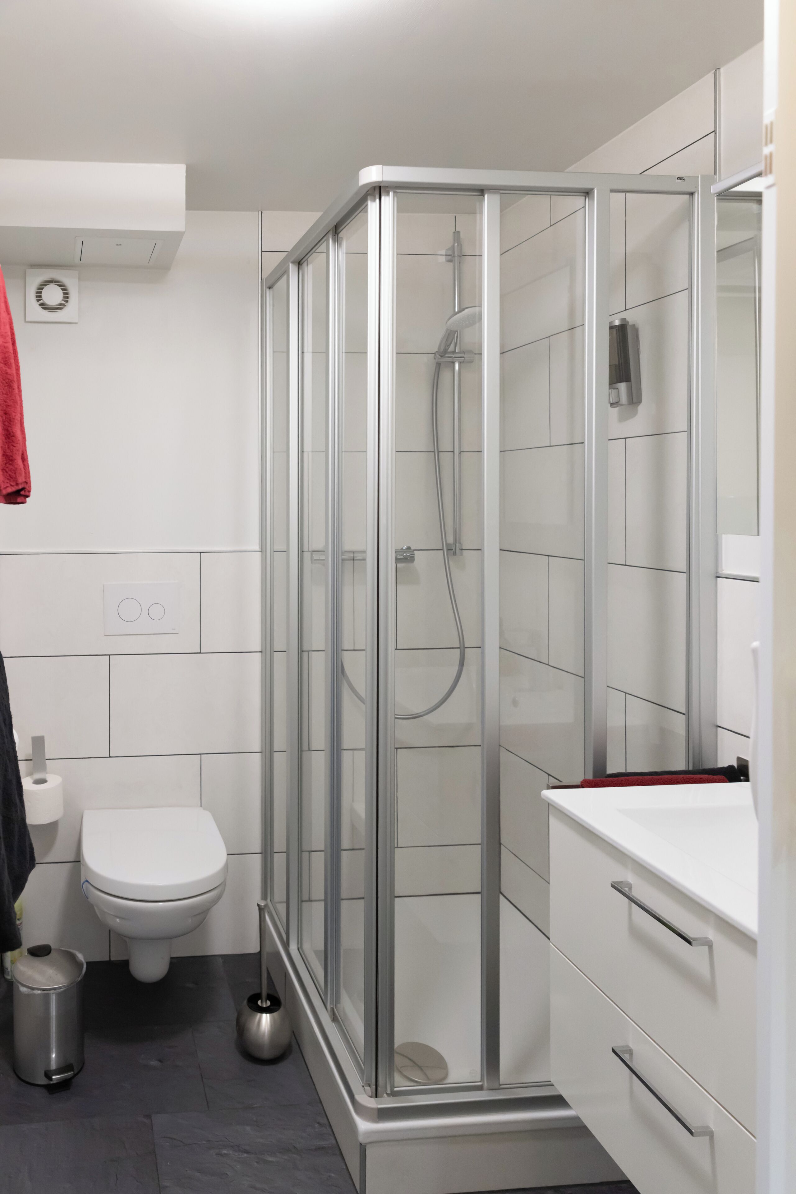 Dusche, Haartrockner, Handtücher, Seife