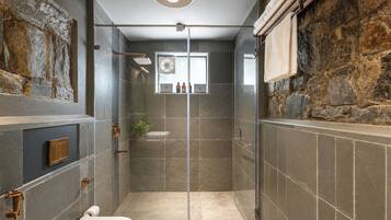 Et moderne badeværelse med en glasafskærmet brusekabine, toilet og håndvask.