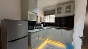A modern kitchen with a built-in refrigerator, a stove, and a sink. - 2-Bedroom Luxury Apartment | Fast Wi-Fi | Smart TV | 24/7 Power & Security (Lagos)