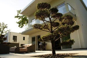 A modern building with a large tree in the foreground, a balcony, and outdoor seating. - Very modern vacation home with a sauna, about 200 meters from the sandy beach, Wi-Fi, and a washing machine (Sagard)