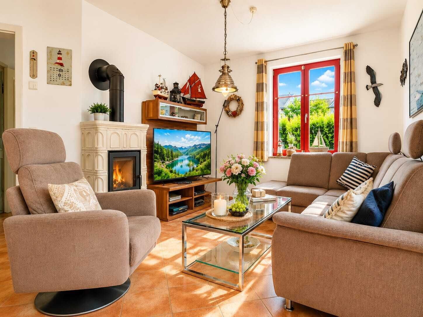Televisión, chimenea, reproductor de DVD, estéreo