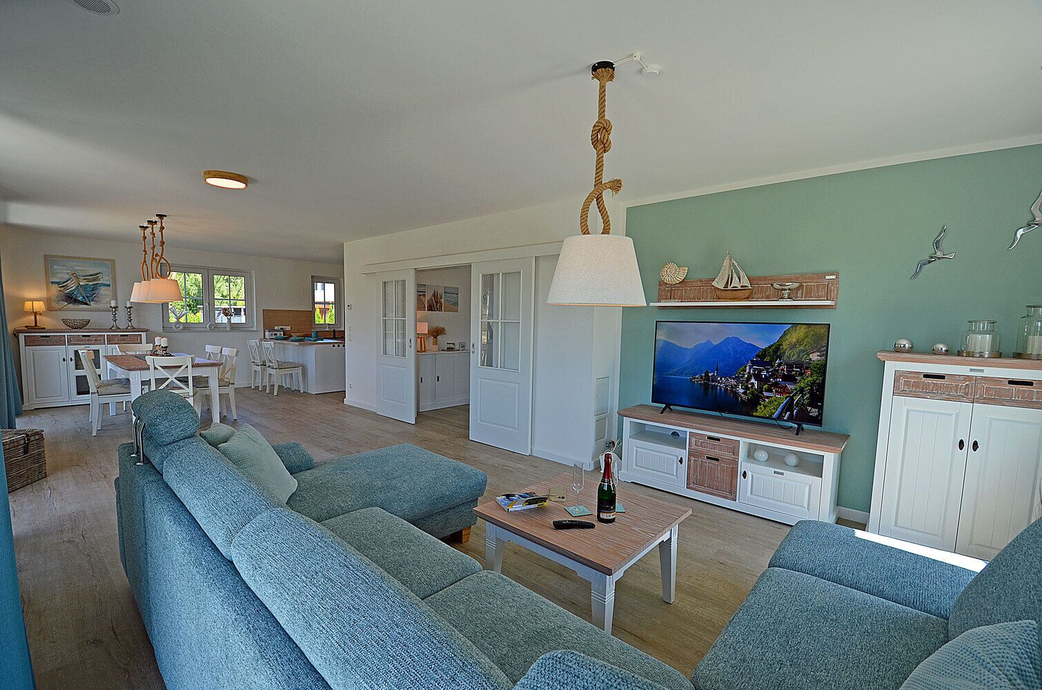 TV, fireplace, books