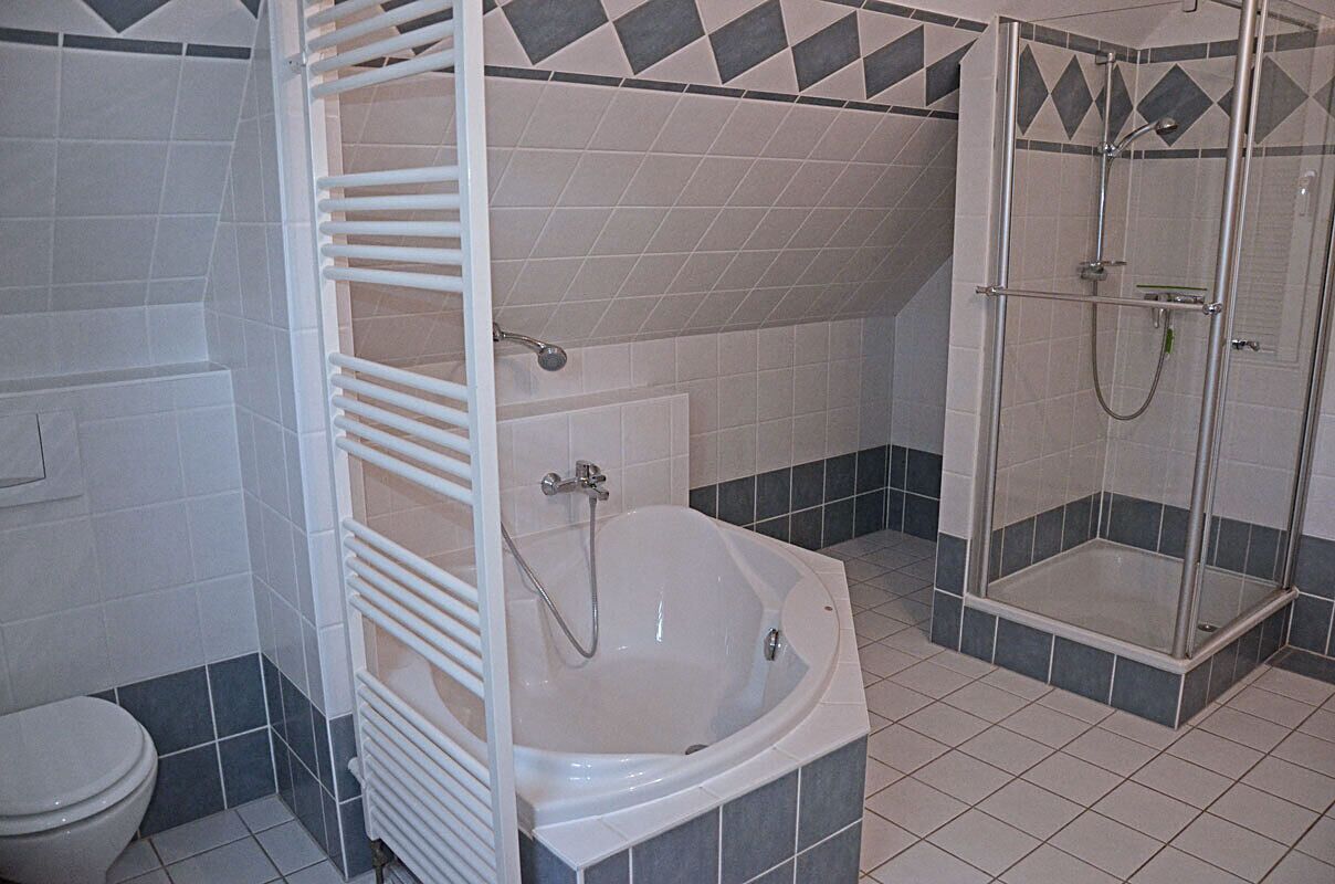 Ein Badezimmer mit Badewanne, Dusche und Toilette.