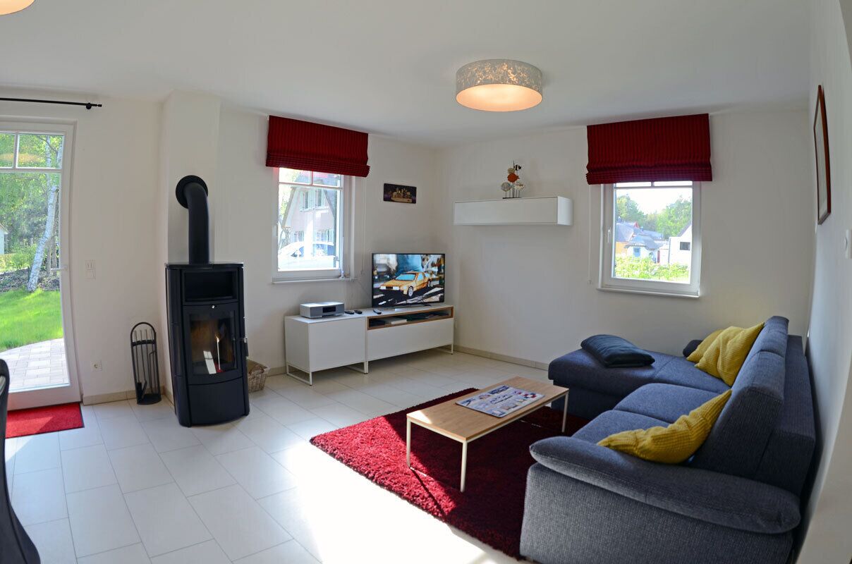 A modern living room with a fireplace, a television, a sofa, and a red rug.