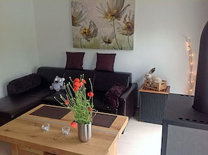 TV, fireplace, DVD player - Vacation home with a fireplace, about 800 meters from the sandy beach, Wi-Fi, dogs welcome (Glowe)