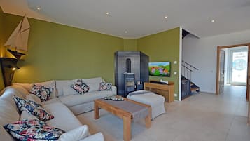 Televisión, chimenea, tenis de mesa y estéreo