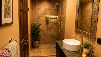 Hair dryer, towels, soap, toilet paper