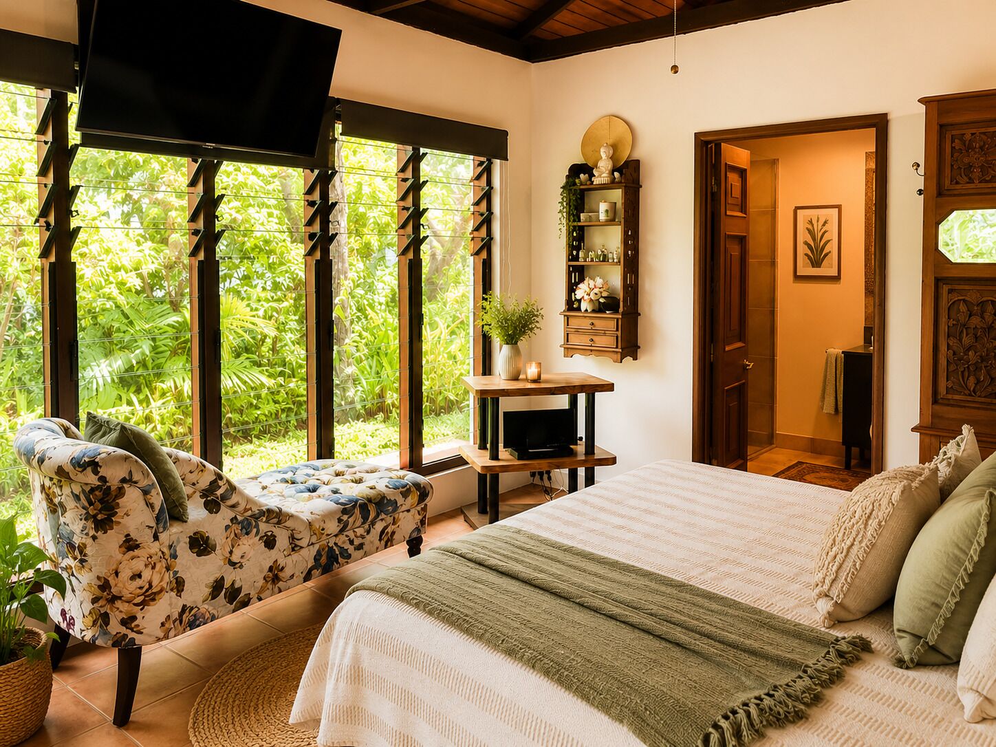 A bedroom with a bed, a chair, a TV, and a window with a view of greenery.