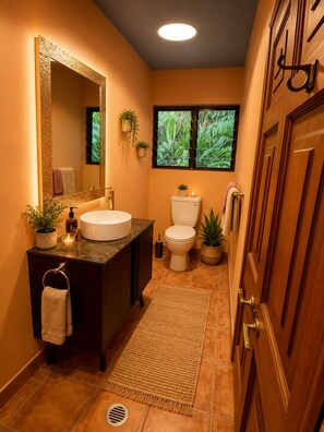 Hair dryer, towels, soap, toilet paper