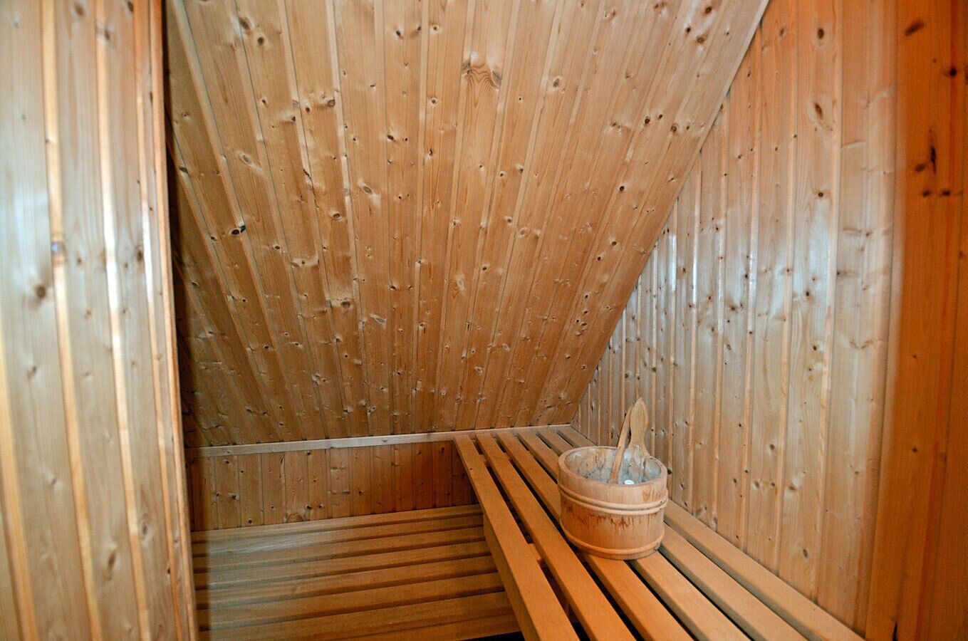 Een sauna met houten wanden en banken.