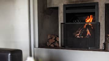 Una habitación con chimenea, un sofá y un florero con flores sobre una mesa.