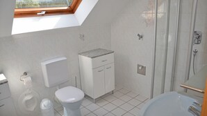Een badkamer met dakraam, toilet, wastafel en douche.