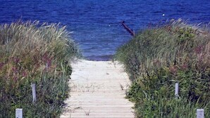 A wooden boardwalk leading to a body of water, surrounded by vegetation. - Vacation rental, very quiet location, about 350 m from the sandy beach (Baltic Sea), Wi-Fi (Glowe)