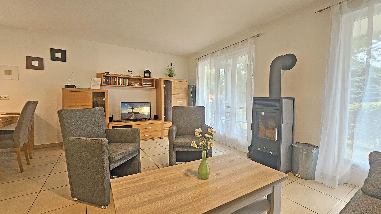 TV, fireplace, DVD player, books