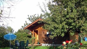Uma cabana de madeira com varanda, rodeada por um gramado bem cuidado e plantas floridas.