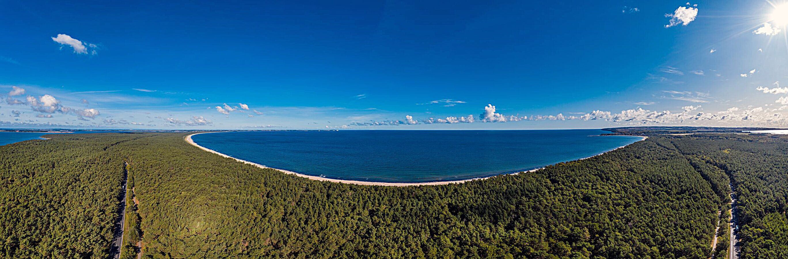 Vista aèria d'una foresta costanera amb una línia de costa corbada i un cel serè.