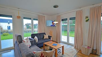TV, fireplace, table tennis, books