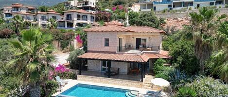 A two-story house with a swimming pool, surrounded by lush greenery and other houses.