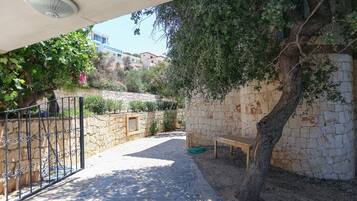A stone-walled outdoor area with a bench, a tree, and a metal gate.